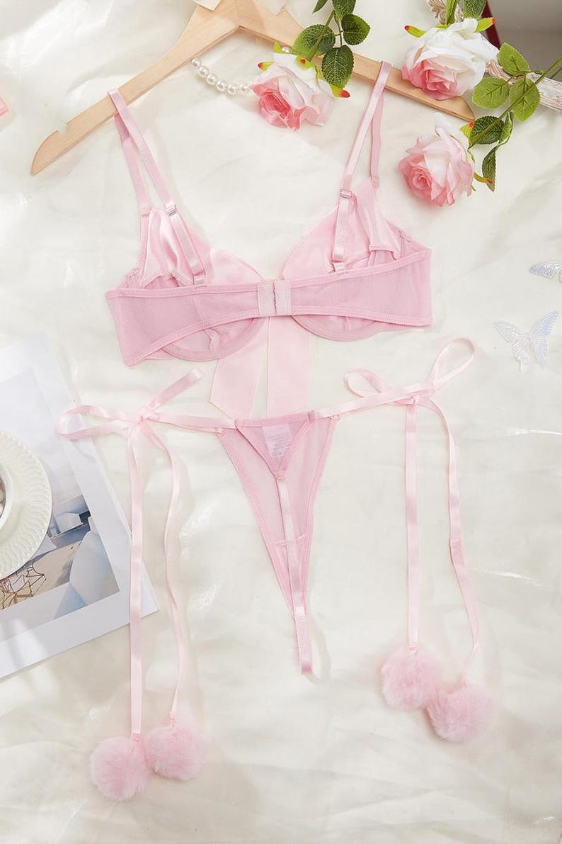 Pink Bow Sheer Bra & Panty Set – Y2K Performance Lingerie