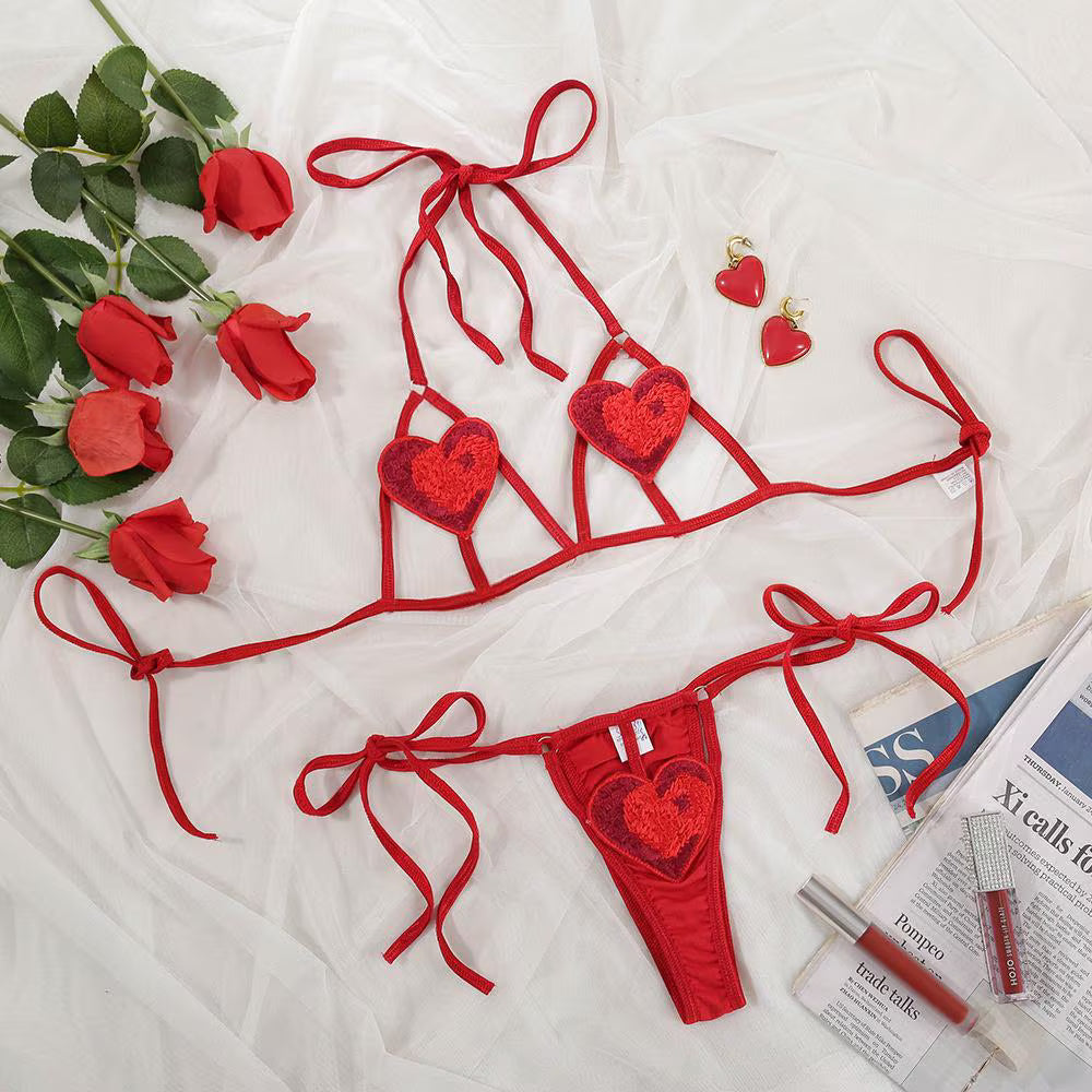 Cupless lace bra with heart embroidery Valentine’s lingerie