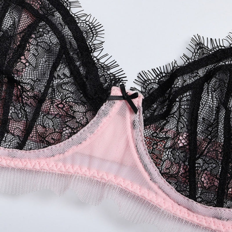 Pink/Black Lace Lingerie Set 3 Piece