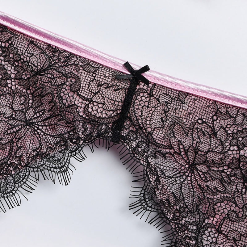 Pink/Black Lace Lingerie Set 3 Piece