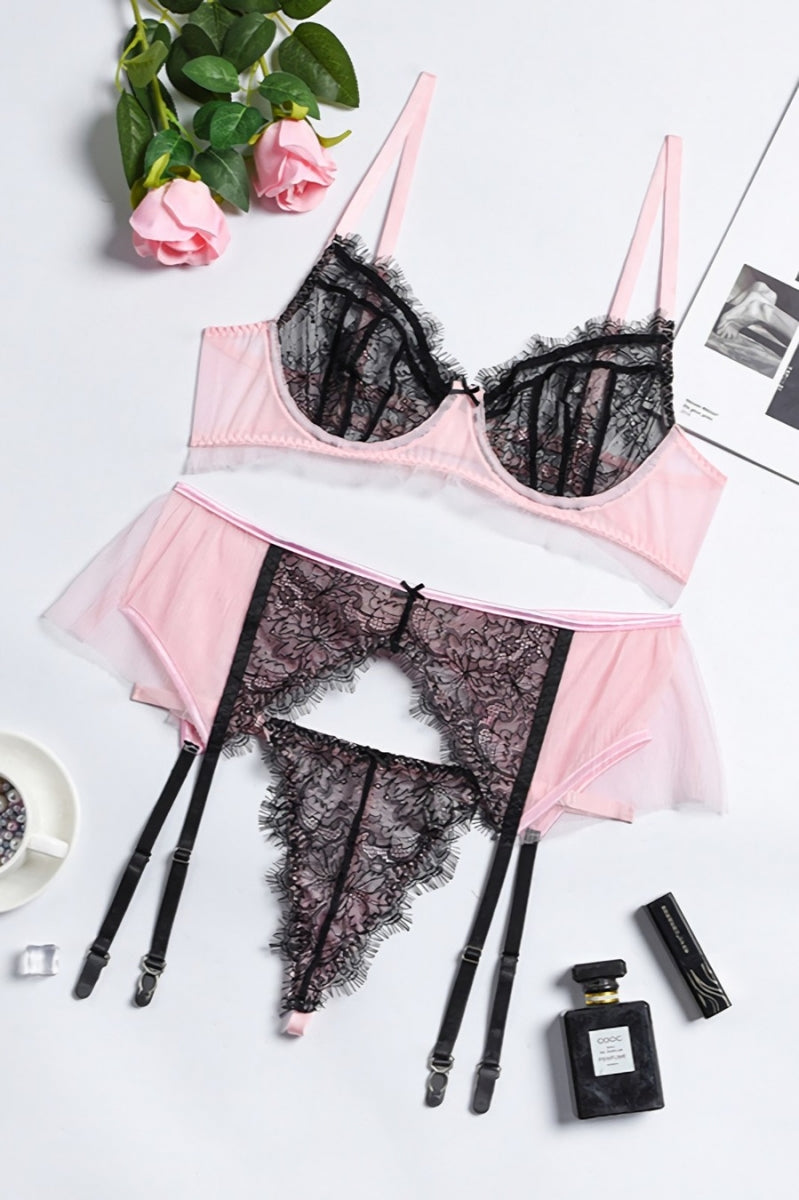 Pink/Black Lace Lingerie Set 3 Piece